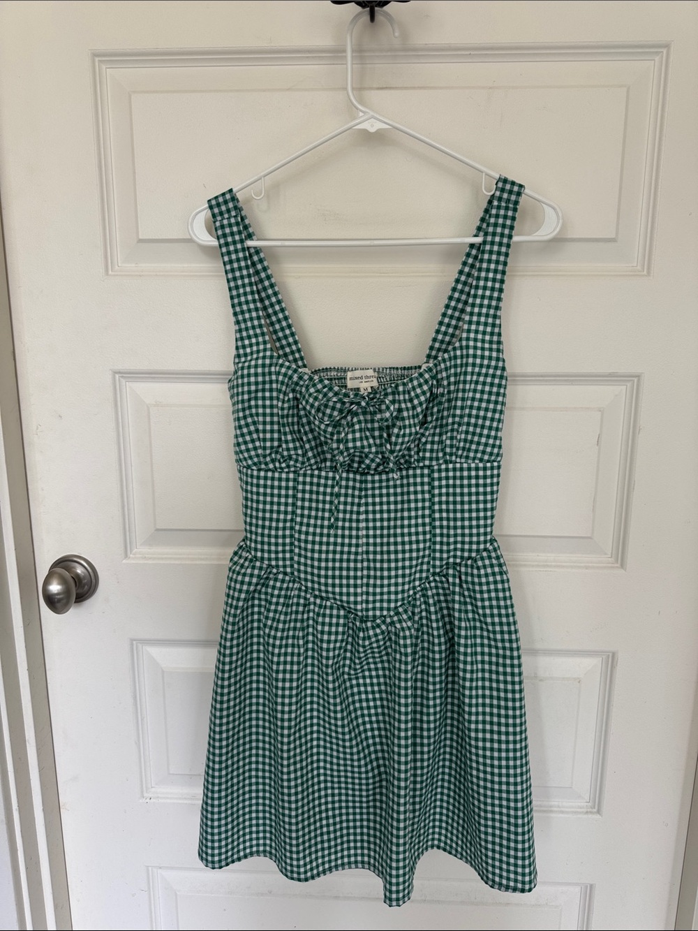 Green Gingham Sleeveless Mini Dress with Ruched Bust